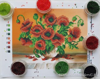 Beaded cross stitch embroidery needlepoint kit Red Nosegay Poppies Bouquet DIY gift idea Floral xstitch Nature pattern Wall Art Still Life