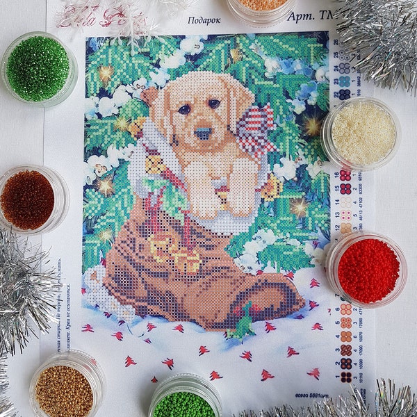 Christmas Puppy Bead Embroidery Needlepoint kit Dog Xmas holiday diy gift idea Winter beaded stitching  Noël Weihnachten Navidad perle