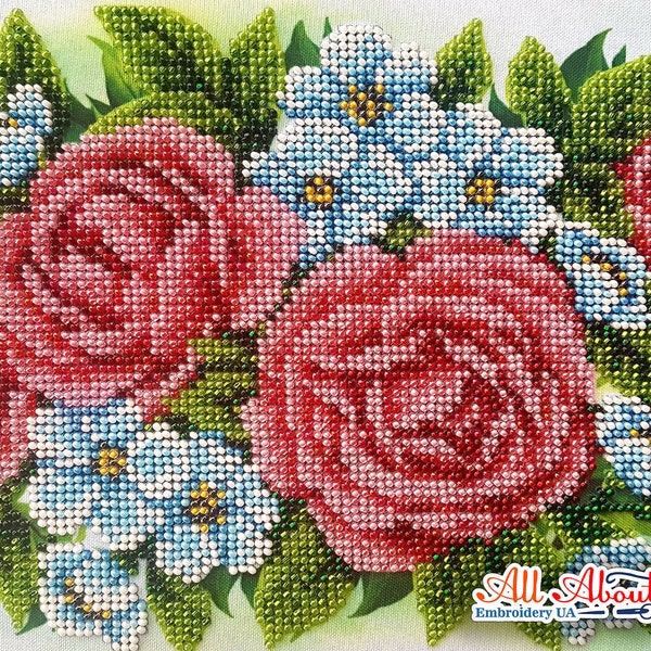 Roses, Bead Embroidery kit, Summer Flowers, beaded cross stitch kit, Needlepoint, Handcraft, Tapestry, kit, embroidery, DIY beading kit