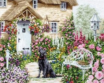 Counted cross stitch kit The Cottage Garden Luca-s B2377 Size:45 x 32cm Dog and Blooming Flowers xstitch embroidery needlework handcraft kit