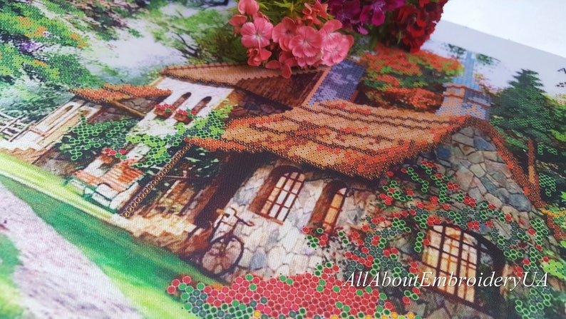 Bead embroidery kit Cosy House Beadpoint Needlework Home Beaded cross stitch Cottage landscape xstitch pattern Housewarming DIY gift idea image 3