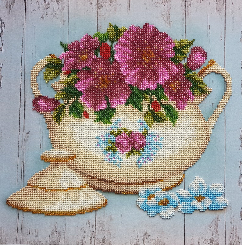 Teapot Bead embroidery needlepoint tapestry kit Kitchen DIY wall decor Beaded cross stitch kits Beadwork kit