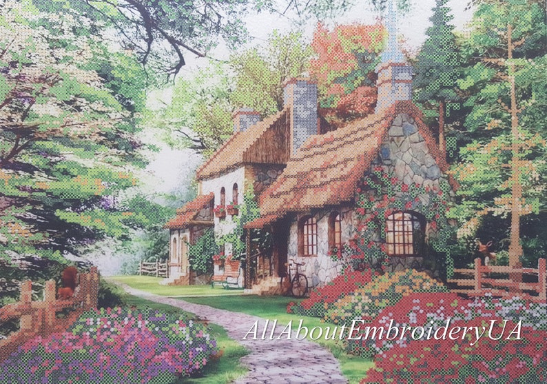 Bead embroidery kit Cosy House Beadpoint Needlework Home Beaded cross stitch Cottage landscape xstitch pattern Housewarming DIY gift idea image 1