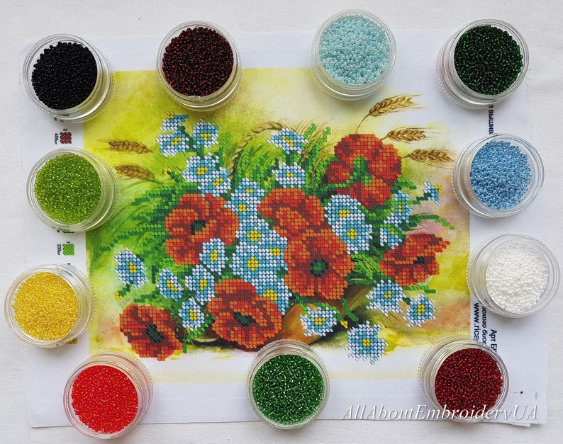 Wildflowers Bead Embroidery Needlepoint Tapestry Kit Poppies Etsy