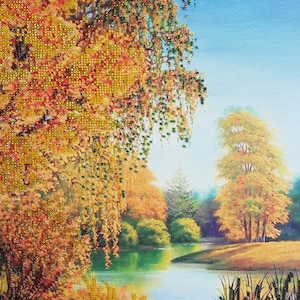 Bead embroidery Needlepoint kit Autumn Charm Beaded stitching Fall Landscape Handcraft beaded cross stitch kit Golden Forest  Nature pattern