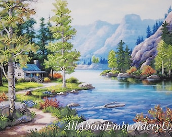 Beadpoint kit Mountain Lake Landscape bead embroidery pattern Summer landscape diy wall decor housewarming gift idea beaded picture pattern