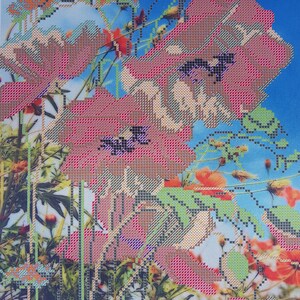 May include: A cross-stitch embroidery pattern featuring a bouquet of pink and red poppies with green stems and leaves against a blue sky background. The pattern is designed for needlepoint and includes a variety of stitches.