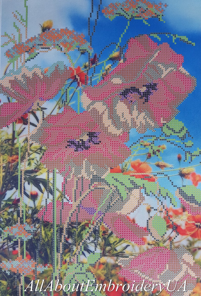 May include: A cross-stitch embroidery pattern featuring a bouquet of pink and red poppies with green stems and leaves against a blue sky background. The pattern is designed for needlepoint and includes a variety of stitches.