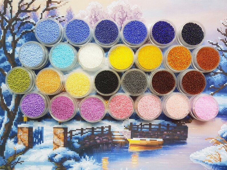 Snowy Cottage Beaded cross stitch kit Winter Scene Bead Embroidery kits Beads needlepoint Craft kit DIY gift for stitcher Modern Embroidery image 7