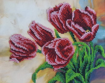 Bead Embroidery kit Spring Tulips Beaded cross stitch Needlepoint Handcraft Tapestry kit Beaded stitching Floral pattern 3D Made in Ukraine