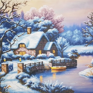 Snowy Cottage Beaded cross stitch kit Winter Scene Bead Embroidery kits Beads needlepoint Craft kit DIY gift for stitcher Modern Embroidery image 1