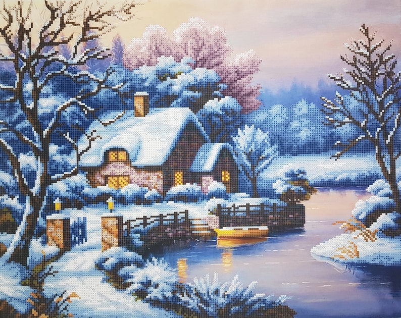 Snowy Cottage Beaded cross stitch kit Winter Scene Bead Embroidery kits Beads needlepoint Craft kit DIY gift for stitcher Modern Embroidery image 1