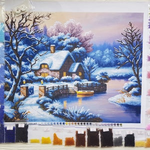 Snowy Cottage Beaded cross stitch kit Winter Scene Bead Embroidery kits Beads needlepoint Craft kit DIY gift for stitcher Modern Embroidery image 2