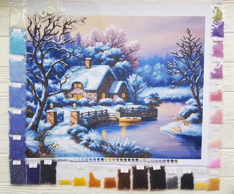 Snowy Cottage Beaded cross stitch kit Winter Scene Bead Embroidery kits Beads needlepoint Craft kit DIY gift for stitcher Modern Embroidery image 2