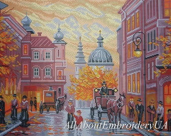 May include: A painting of a city street scene with buildings, trees, and a horse-drawn carriage. The buildings are painted in shades of pink and gray, and the trees are a vibrant yellow and orange. The carriage is black and has a driver in a top hat. The scene is set in the fall, and the sky is a soft orange and yellow.