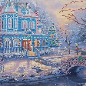 Bead embroidery kit Merry Christmas Cottage  Winter Holiday needlepoint kit beading kit Treasured Time Winter landscape beaded cross stitch