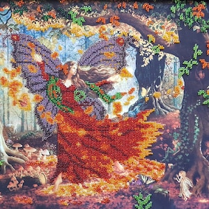 Autumn Fairy 3D Beads Embroidery kit Beaded cross stitch Fall pattern Needlepoint kits Housewarming DIY wall decor Tapestry perle set