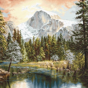 May include: A painting depicting a snow-capped mountain range with a lake in the foreground. The lake is surrounded by a forest of evergreen trees. The sky is a soft orange and pink.