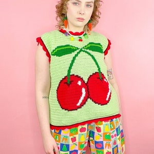 Crochet Top, Handmade Cherry Vest, Mint size UK 20, Handmade Vest, Crochet Modern Tapestry, Y2K Kidcore, Fruit & Veg image 1