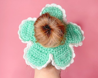 Oversized Flower Scrunchie, Mint Green Frills Handmade Crochet Scrunchie, Soft Crochet Hair Accessory, XL Scrunchie, Birthday Gift for Her