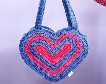 Crochet Bisexual Pride Heart Tote Bag, Handmade Vegan Fashion