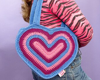 Mini Bisexual Pride Flag Crochet Tote Bag, Heart Shaped Bag, Gift for Her, Gift for Pride, Handmade Heart Bag, Coming Out Present