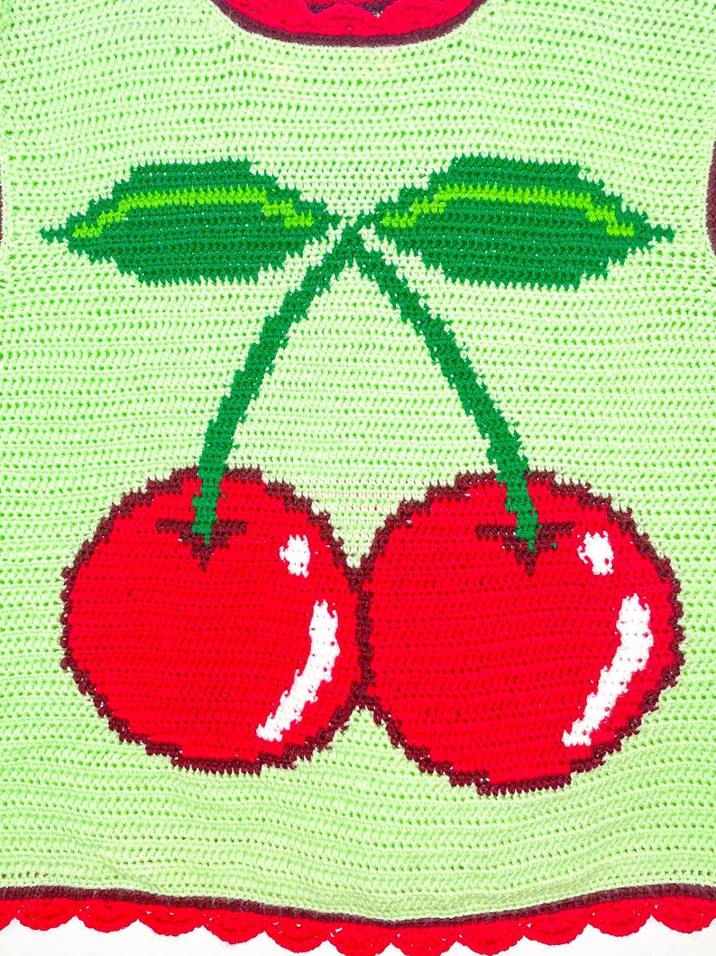 Crochet Top, Handmade Cherry Vest, Mint size UK 20, Handmade Vest, Crochet Modern Tapestry, Y2K Kidcore, Fruit & Veg image 8