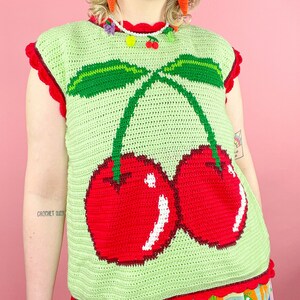 Crochet Top, Handmade Cherry Vest, Mint size UK 20, Handmade Vest, Crochet Modern Tapestry, Y2K Kidcore, Fruit & Veg image 2