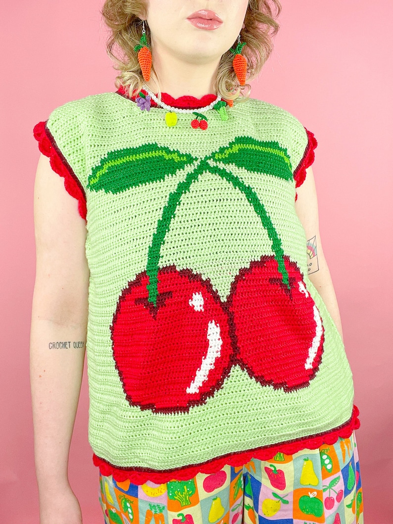 Crochet Top, Handmade Cherry Vest, Mint size UK 20, Handmade Vest, Crochet Modern Tapestry, Y2K Kidcore, Fruit & Veg image 2