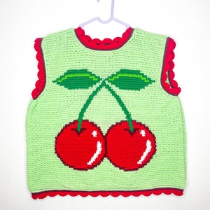 Crochet Top, Handmade Cherry Vest, Mint size UK 20, Handmade Vest, Crochet Modern Tapestry, Y2K Kidcore, Fruit & Veg image 5