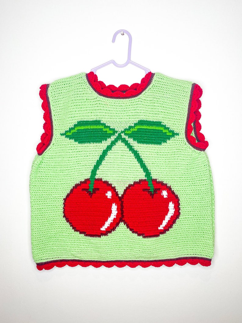 Crochet Top, Handmade Cherry Vest, Mint size UK 20, Handmade Vest, Crochet Modern Tapestry, Y2K Kidcore, Fruit & Veg image 5