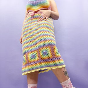 Rainbow Pride Crochet Midi Skirt with Granny Squares, Pastel Multicoloured Rainbow Crochet Skirt, Handmade with Love, Pride Fashion