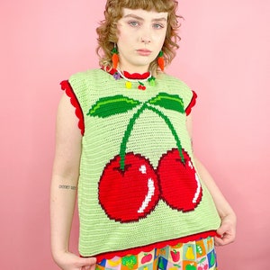 Crochet Top, Handmade Cherry Vest, Mint size UK 20, Handmade Vest, Crochet Modern Tapestry, Y2K Kidcore, Fruit & Veg image 4