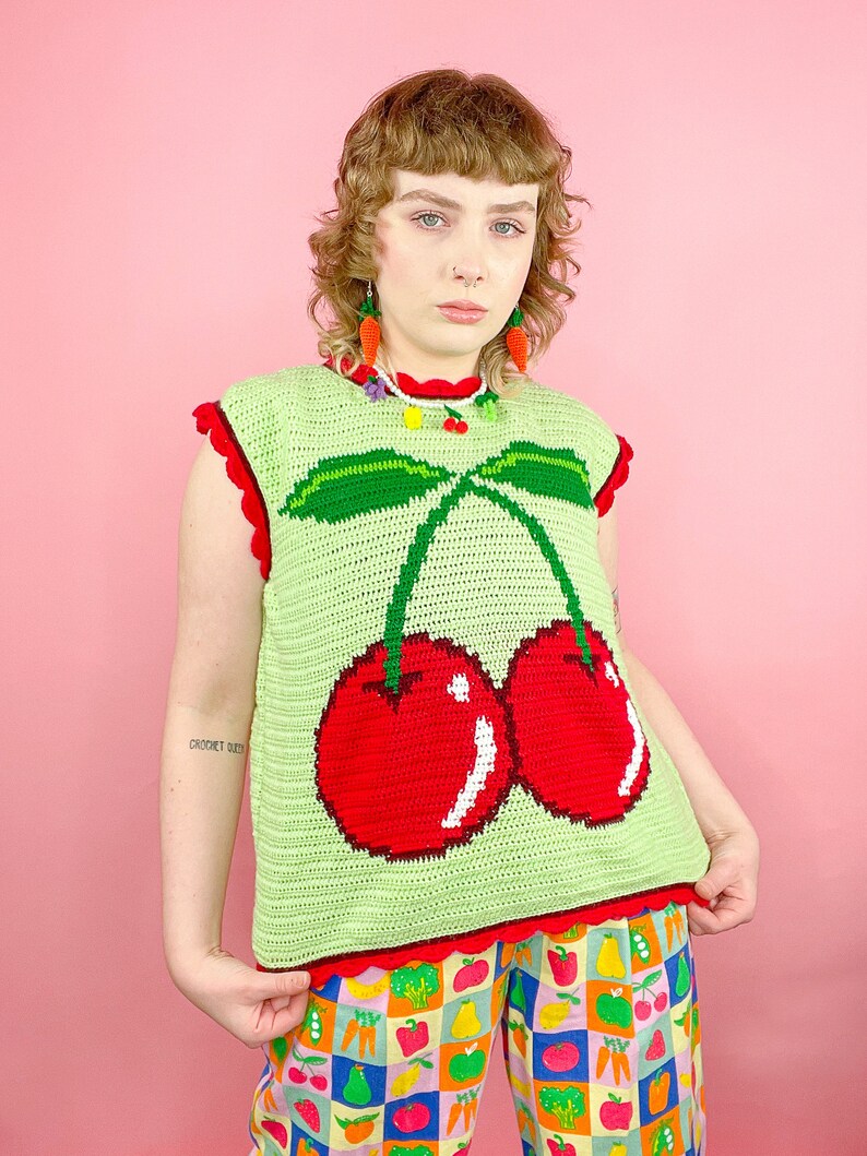 Crochet Top, Handmade Cherry Vest, Mint size UK 20, Handmade Vest, Crochet Modern Tapestry, Y2K Kidcore, Fruit & Veg image 4