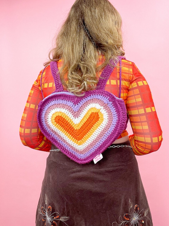 Mini Lesbian Pride Flag Crochet Backpack Bag, Heart Shaped  display picture 2