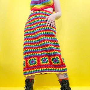 Rainbow Pride Crochet Midi Skirt with Granny Squares, Bright Multicoloured Rainbow Crochet Skirt, Handmade with Love, Pride Fashion