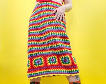 Rainbow Pride Crochet Midi Skirt with Granny Squares, Bright Multicoloured Rainbow Crochet Skirt, Handmade with Love, Pride Fashion