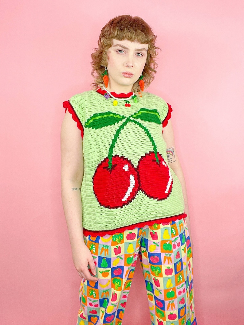 Crochet Top, Handmade Cherry Vest, Mint size UK 20, Handmade Vest, Crochet Modern Tapestry, Y2K Kidcore, Fruit & Veg image 1