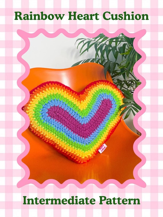 Rainbow Heart Cushion Crochet Pattern, LGBTQ+ Home Decor, Y2K Crochet Pillow (PDF Instant Download)