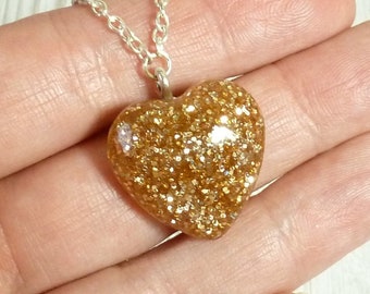 Tiny heart necklace, gold glitter heart pendant, dainty glitter resin pendant, sparkly necklace present for daughter birthday, gift for her