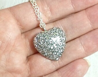 Small silver glitter heart necklace, dainty heartshaped glitter resin pendant, sparkly jewellery gift for woman, birthday present for her