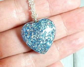 Tiny heart necklace, ice blue glitter heart pendant, small heart necklace, dainty heart pendant, glitter resin pendant, sparkly necklace