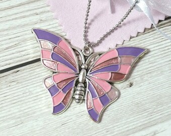 Butterfly pendant in pink, lilac and rose gold, dainty butterfly necklace for women, gift for nature lover, present for wife, pink pendant