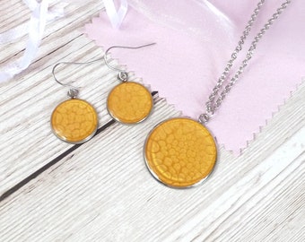 Golden yellow jewellery set, bright yellow pendant necklace and earring set for women, colourful dainty earrings and pendant gift for wife