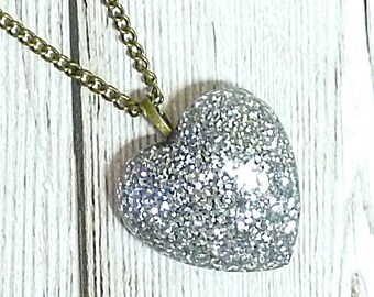 Large silver glitter heart pendant, sparkly silver necklace, bright eyecatching resin jewellery gift for woman, love token gift for her