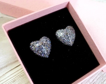 Silver heart studs, small sparkly holographic heart shaped earring gift for woman, dainty studs for everyday wear, silver glitter earrings