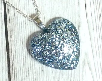 Large ice blue glitter heart pendant, bright statement necklace for woman, birthday present for mum or sister, colourful gift for mother