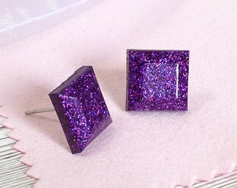 Purple square studs, small sparkly holographic glitter earrings, dainty studs for everyday wear, colourful earring gift for her birthday