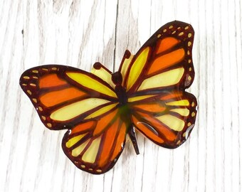 Yellow and Orange butterfly brooch, colourful jacket pin for nature lover, bright plastic hand drawn accessory, cute gift for woman,