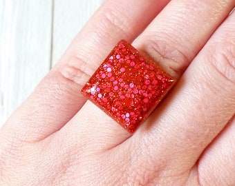 Red resin ring, square glitter ring for women, adjustable band, colourful trendy jewellery gift for her, fashion costume cocktail rings uk,